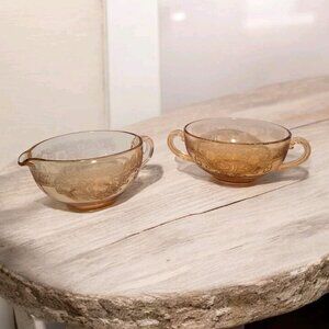 Vtg Fostoria Vesper Amber Creamer and Open Sugar Etched Glass Floral